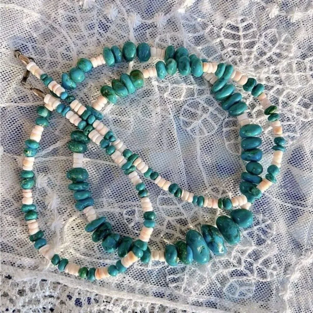 Vintage Turquoise nugget & Spiny Oyster Shell Heishi Necklace 30”
